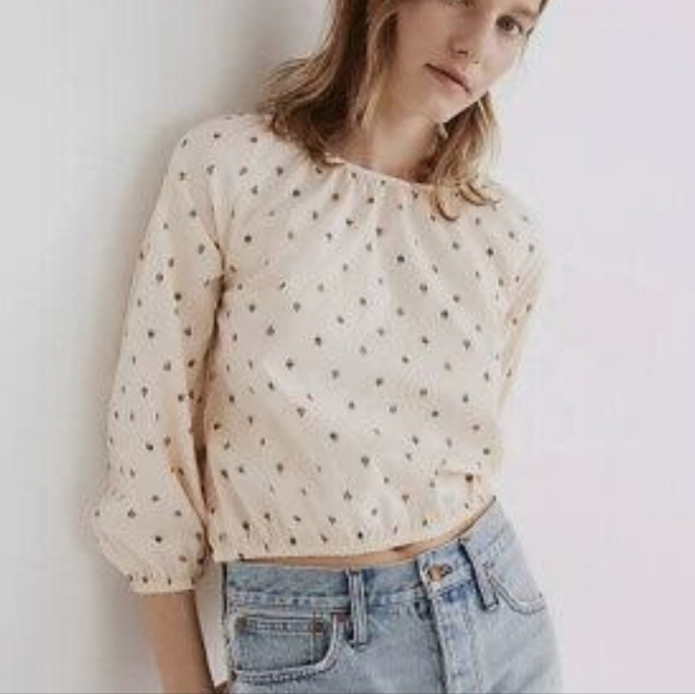 Madewell Cropped Puff Sleeve Blouse 100% Cotton Size Large